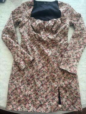 Zara Black, Pink and Cream Rose-Print Mini Dress